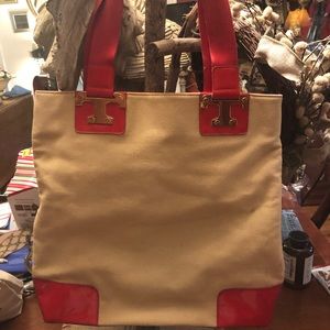 Tory Burch Canvas Tote With Red Trim & Gold Hardware, Classic Tory Burch Style